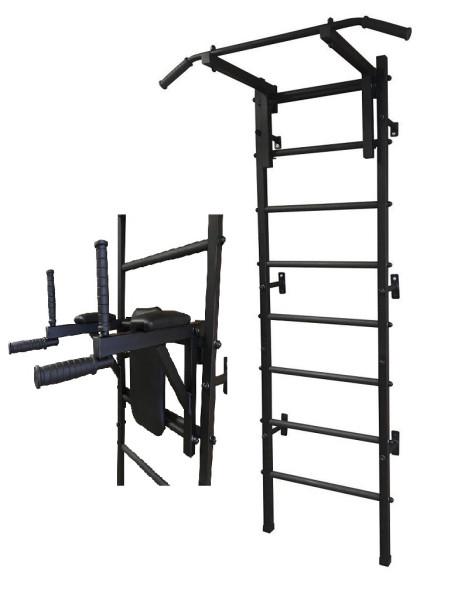VaGo-Tools Sprossenwand Schwarz mit Dip Station und Klimmzugstange, 700-01/02/03-S_kv