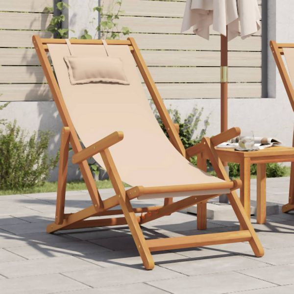 vidaXL Strandstuhl Klappbar Beige Massivholz Eukalyptus und Stoff, 366560