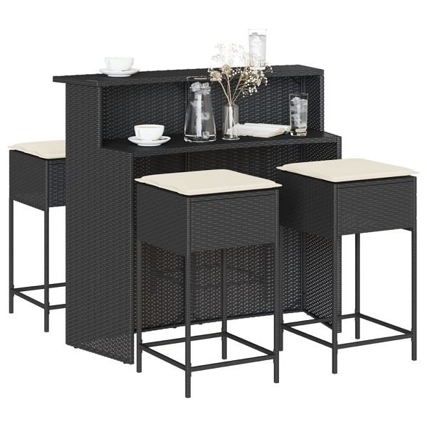 vidaXL 5-tlg. Gartenbar-Set mit Kissen Schwarz Poly Rattan, 3261487