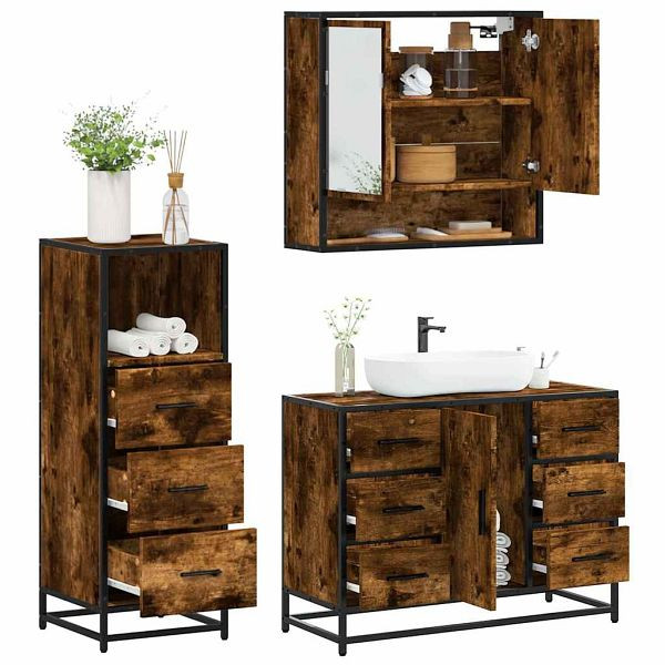 vidaXL 3-tlg. Badmöbel-Set Räuchereiche Holzwerkstoff, 3301052