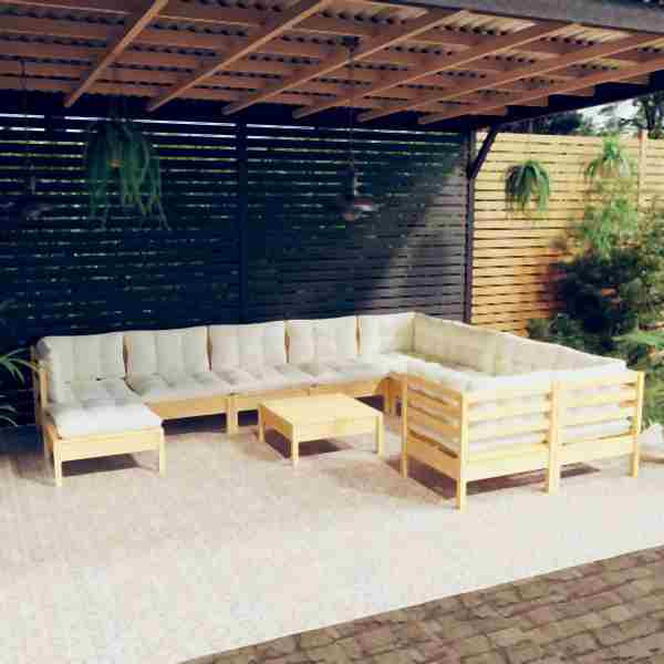 vidaXL 11-tlg. Garten-Lounge-Set mit Creme Kissen Kiefernholz, 3097037