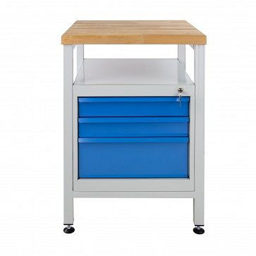 ADB Schmale Werkbank 3 Schubladen und Ablage, Maße BxTxH: 600x600x840 mm, Farbe Werktisch: grau, RAL 7035, Farbe Schublade / Tür: blau, RAL 5012, 41938