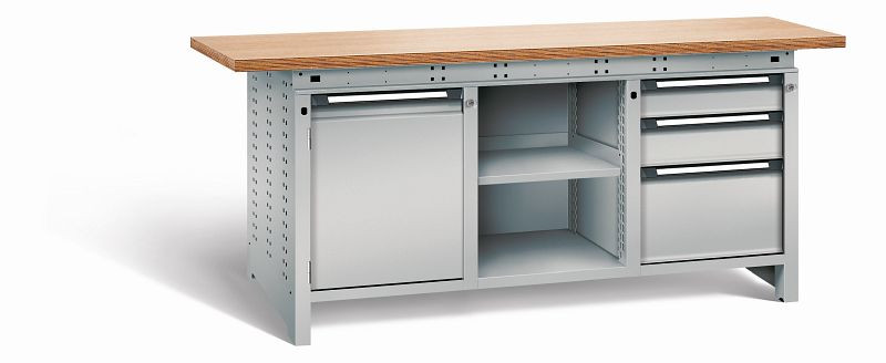 Otto Kind Werkbank Serie function Typ 307, Multiplexplatte 40 mm, überstehend, 2x Unterbau + mittleres Feld, komplett RAL 9006, 072362296