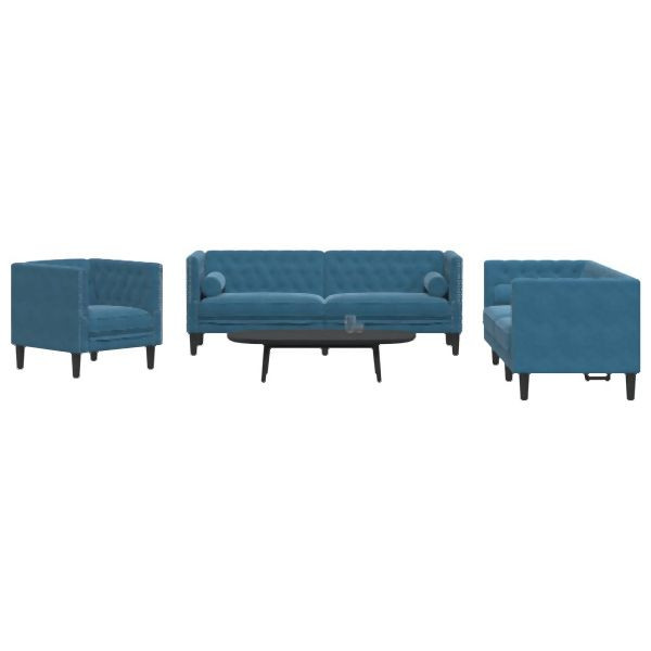 vidaXL 3-teilig Chesterfield-Sofa-Set mit Nackenrollen Blau Samt, 3209289