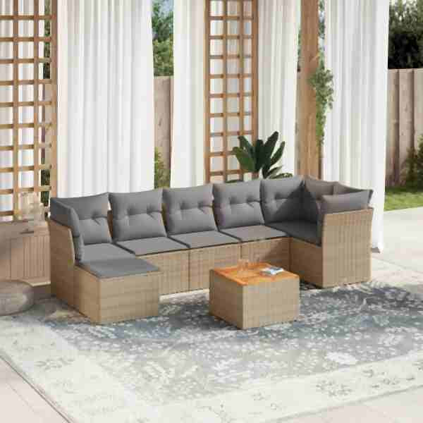vidaXL 8-tlg. Garten-Sofagarnitur mit Kissen Beige Poly Rattan, UV-beständig, 3223756
