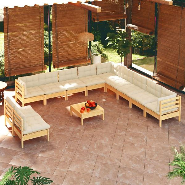 vidaXL 12-teilig Garten-Lounge-Set mit Creme Kissen Massivholz Kiefer, 3096857