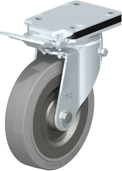 Blickle LH-SE 200K-IS-SG Stahlblech-Lenkrolle, Schwerlast-Ausführung, mit Anschraubplatte & Feststeller, Elastik-Vollgummi, Grau, 744219