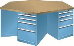LISTA 6-Eck Werkbank 27x36E (BxTxH) 2500x2165x840mm KEY Lock, Lichtblau, Schubladen 6x4, 89.200.010