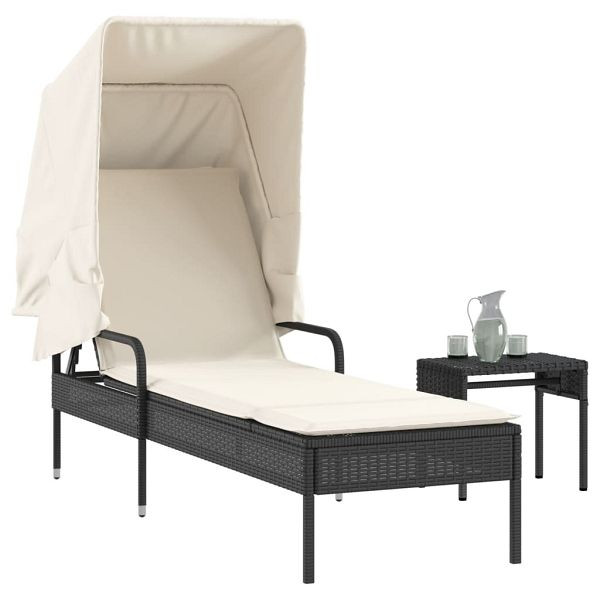 vidaXL Sonnenliege mit Dach und Tisch Schwarz Poly Rattan, 368197