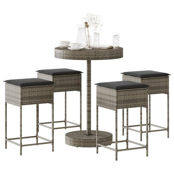 vidaXL 5-tlg. Gartenbar-Set mit Kissen Grau Poly Rattan, 3261445