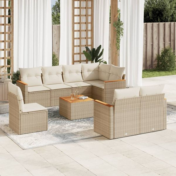 vidaXL 9-teilig Garten-Sofagarnitur mit Kissen Beige Poly Rattan, 3226170