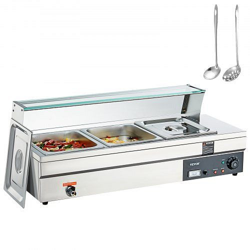 VEVOR Edelstahl Buffetwärmer Speisewärmer 1500 W, 3 x 13,2 L Buffetbehälter, 265 x 325 x 150 mm Jede Heizplatte Verwendbar, BL312QT1500W3CLFRV2
