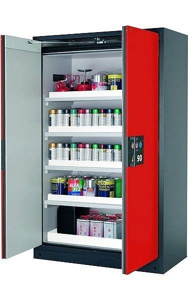 asecos Sicherheitsschrank Q-PEGASUS-90, Q90.195.120.WDAC in verkehrsrot RAL 3020 mit 4x Wannenboden Standard (Polypropylen), 30002-046-30014