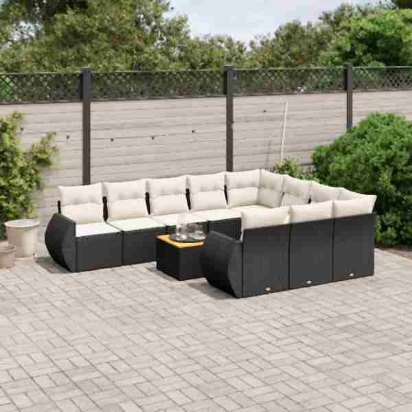 vidaXL 11-tlg. Garten-Sofagarnitur mit Kissen Schwarz Poly Rattan, UV-beständig, 3257512