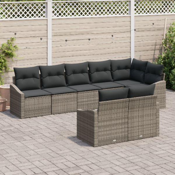 vidaXL 8-teiliges Garten-Esstisch-Set mit Kissen Grau Poly Rattan, 3355438