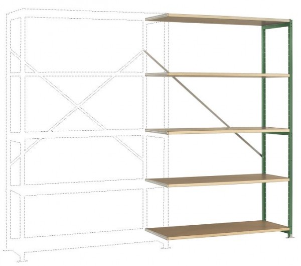 Manuflex Breitfach-Steckregal Anbauregal mit 5 Holzverbundböden, HxBxT = 2000 x 1250 x 500 mm, resedagrün, RP1127.6011