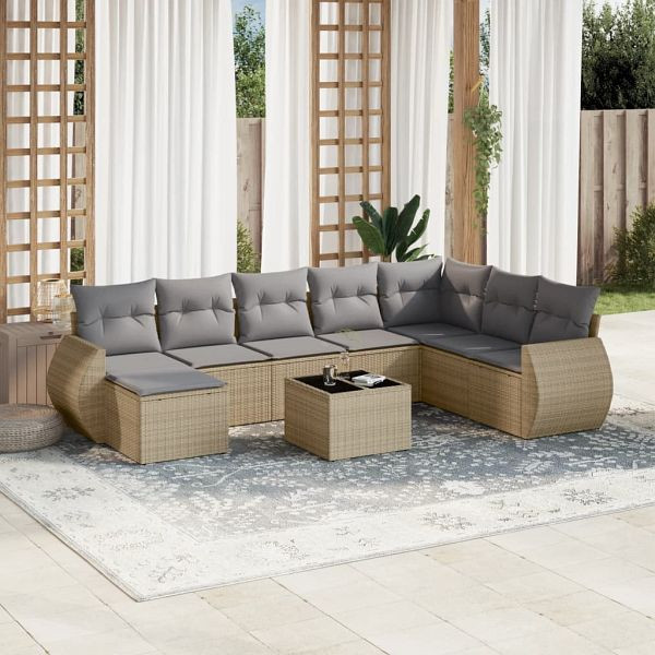 vidaXL 9-teilig Garten-Sofagarnitur mit Kissen Beige Poly Rattan, 3221768