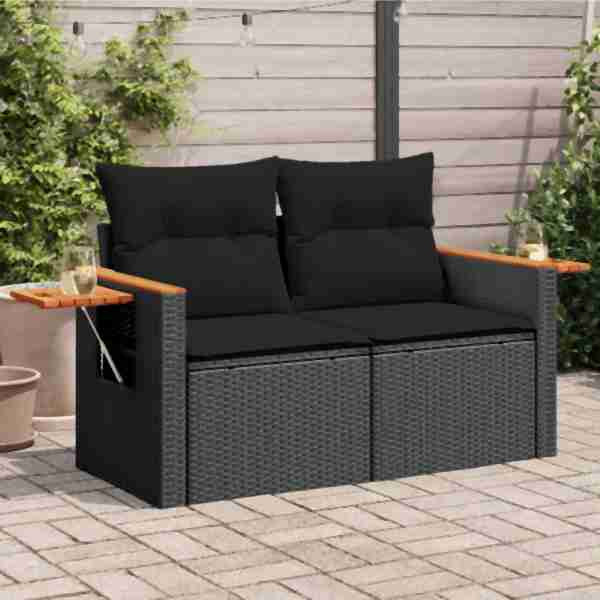 vidaXL Gartensofa mit Kissen 2-Sitzer Schwarz Poly Rattan, UV-beständig, 365978
