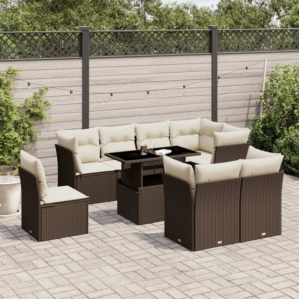 vidaXL 9-teilig Garten-Sofagarnitur mit Kissen Braun Poly Rattan, 3266733