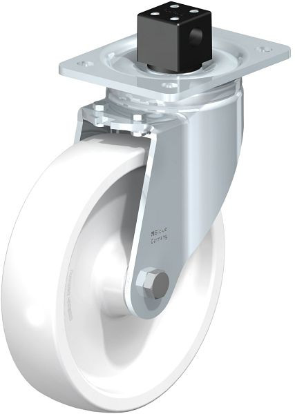 Blickle LH-SPO 201G-CS13 Stahlblech-Lenkrolle, Schwerlast-Ausführung, mit Anschraubplatte & Zentralfeststeller, Polyamid, Weiß, 852923