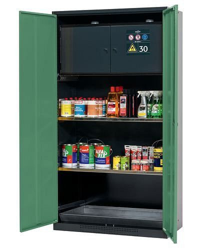 asecos Chemikalienschrank Systema-Plus, anthrazit, grün, Sicherheitsbox und Einlegeböden, Typ CS-30, 218482