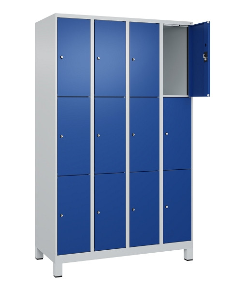 C+P Schließfachschrank Evolo PLUS, mit Füßen, 12 Fächer, 1950x1200x500mm, 7035/5010 Enzianblau, Abteile 4, Abteilbreite 300 mm, 049010-403 S10006