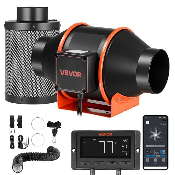 VEVOR 101,6mm Rohrventilator mit Kohlefilter, 349m³/h, PWM & App-Steuerung, 10 Stufen, 9h Timer, EC-Motor, für Gewächshaus, XLGDFSTZEC4Y5T0GM001V2