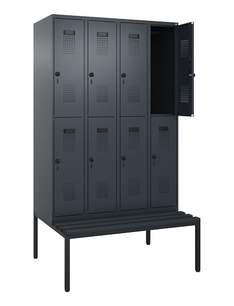 C+P Doppelstock-Spind Evolo PLUS, Bank, 8 Fächer, 2120x1200x815mm, 7016/7016, Drehriegel, Sitzfläche Kunststoff, Sitzbank, 0493507-40 S10097