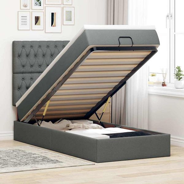 vidaXL Ottoman-Bett mit Matratze & LEDs Dunkelgrau 100x200 cm Stoff, 3314066