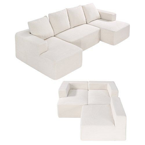 VEVOR U-förmiges Ecksofa Schlafsofa, hochelastischer Schaumstoff, gepolstertes Cord, 545 kg, mit Kissen, Beige, ZHSSFUX10010J1ANTV0