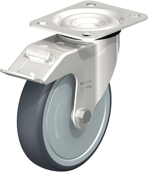 Blickle LEX-TPA 127KD-FI-FK Edelstahl-Lenkrolle mit Anschraubplatte & Feststeller, Thermoplastisches Gummi-Elastomer, Grau, 760855