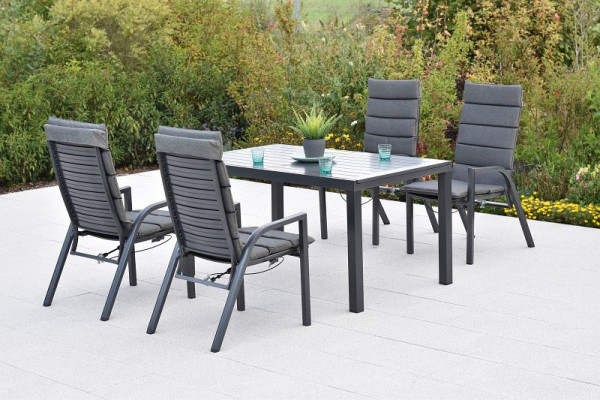 Merxx Siros Set 5-teilig, 4 Siros Sessel, verstellbar durch Gasdruckfeder, 4 Auflagen, uni grau, 1 Ausziehtisch, 150 (200) x 90 cm, 50959-800