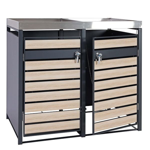 Mendler 2er Mülltonnenverkleidung mit Pflanzkasten HWC-J81, erweiterbar, 125x132x80cm Metall 47kg, anthrazit, Buche-Holzoptik, 101302+101303