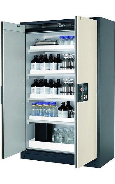 asecos Sicherheitsschrank Q-PEGASUS-90, Q90.195.120.WDAC in reinweiß RAL 9010 mit 4x Wannenboden Standard (Polypropylen), 30002-050-30014