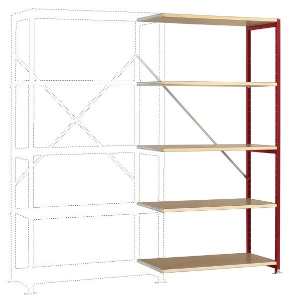 Manuflex Mittelschweres Fachboden-Steckregal Anbauregal mit 5 Holzverbundböden, HxBxT = 2000 x 1000 x 300 mm, rubinrot, RP1105.3003