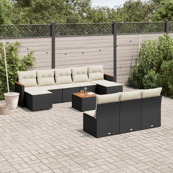 vidaXL 11-tlg. Garten-Sofagarnitur mit Kissen Schwarz Poly Rattan, 3258794