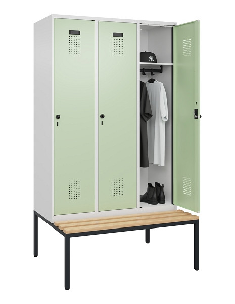 C+P Spind Evolo PLUS, 3 Abteile, 2120x1200x815mm, 9016/6019, Haken 4, Drehriegel, Sitzfläche Buche-Hartholz, Sitzbank, 0490507-32 S10019