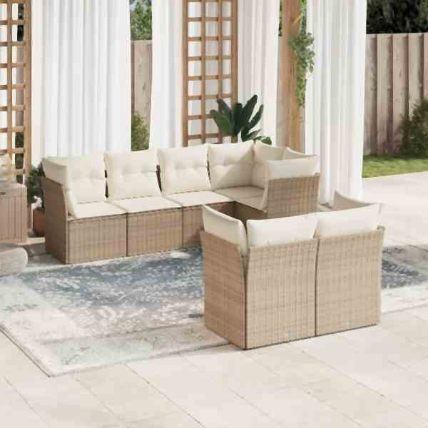 vidaXL 7-tlg. Garten-Sofagarnitur mit Kissen Beige Poly Rattan, UV-beständig, 3249737
