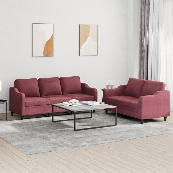 vidaXL 2-teilig Sofagarnitur mit Kissen Weinrot Stoff, 3201840