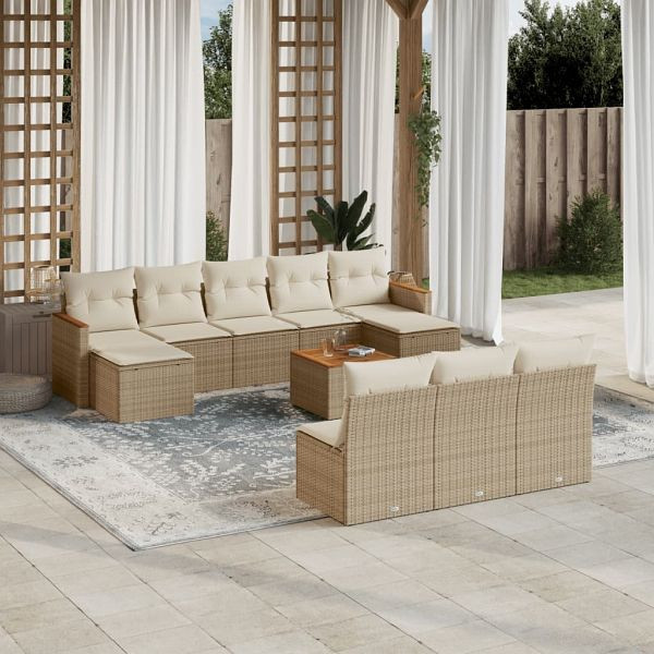 vidaXL 11-tlg. Garten-Sofagarnitur mit Kissen Beige Poly Rattan, 3258796