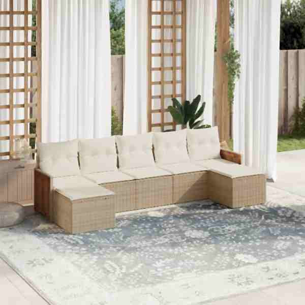 vidaXL 7-tlg. Garten-Sofagarnitur mit Kissen Beige Poly Rattan, UV-beständig, 3260315