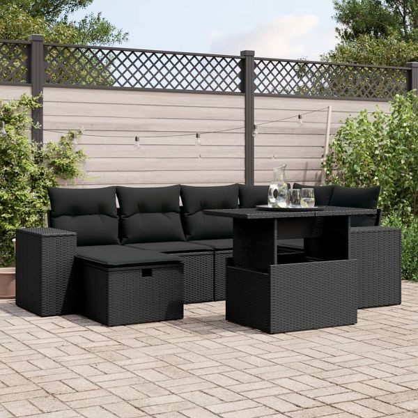 vidaXL 7-tlg. Garten-Sofagarnitur mit Kissen Schwarz Poly Rattan, 3275295