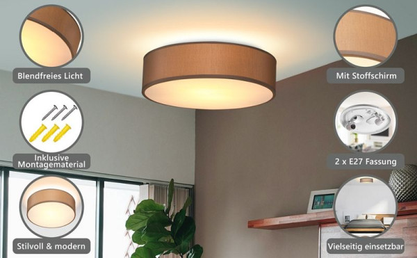 monzana Deckenlampe Taupe Stoff Ø38cm, 109129, 4251776909219