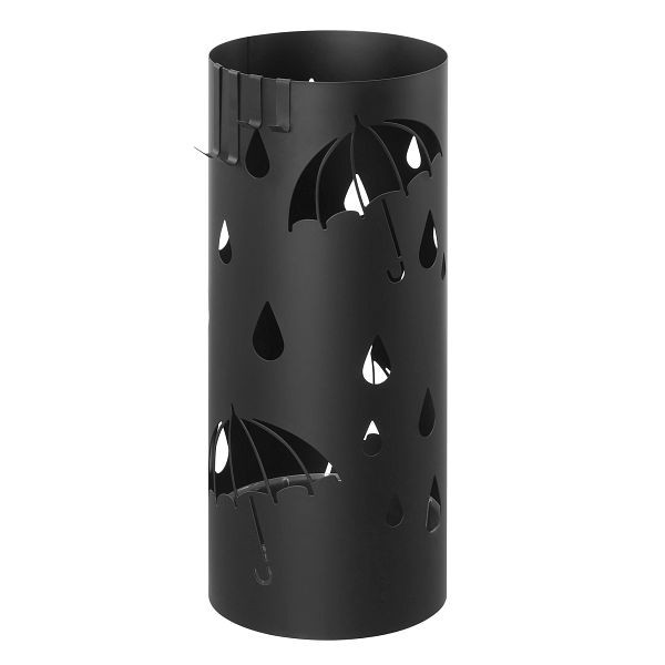 SONGMICS Schirmhalter, Metall-Regenschirmhalter für den Eingang, mit Wasserschale und 4 Haken, 6,7 x 6,7 x 16,1 Zoll, rund, schwarz, LUC024B01
