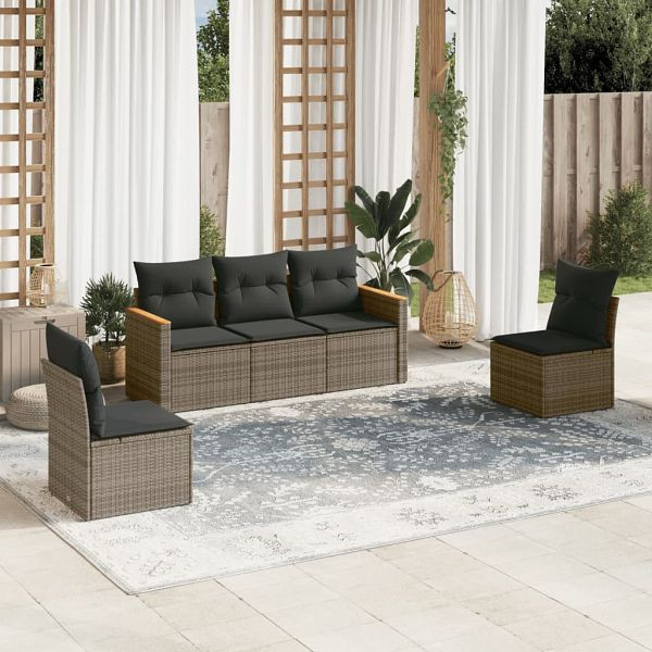 vidaXL 5-teilig Garten-Sofagarnitur mit Kissen Grau Poly Rattan, 3258252