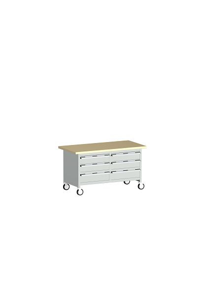 bott cubio Kastenwerkbank mobil 6 Schubladen Rotbuche-Arbeitsplatte BxTxH: 1500 x 750 x 840 mm, RAL 7035, 41002107.16V