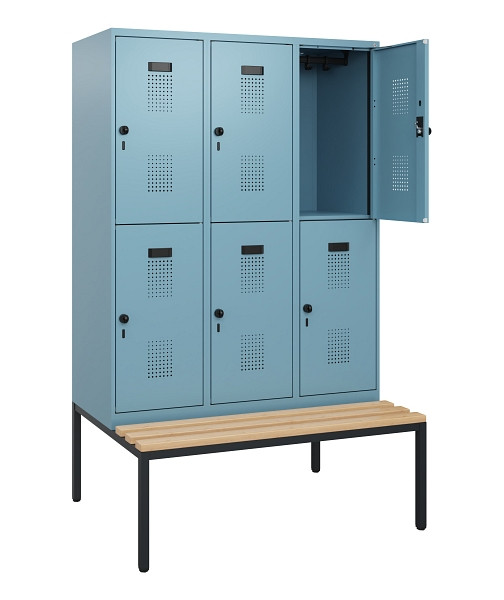 C+P Doppelstöckiger Spind Evolo PLUS, Bank, 6 Fächer, 1950x1200x815mm, 0010/0010, Drehriegel, Sitzfläche Buche-Hartholz, Sitzbank, 0493505-32 S10025