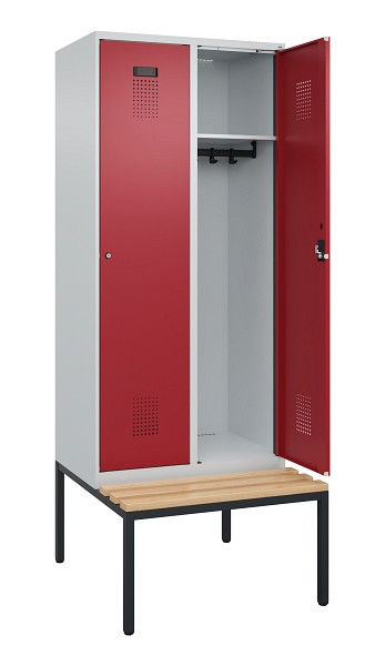 C+P Spind Evolo PLUS, 2 Abteile, 2120x800x815mm, 7035/3003, Haken 4, Zylinderschloss, Sitzfläche Buche-Hartholz, Sitzbank, 0490507-22 S10031