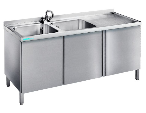 CHROMOnorm Spültisch mit 2 Becken links und Flügeltüren, 1500x600x850-900 mm, ST0615C2LSF