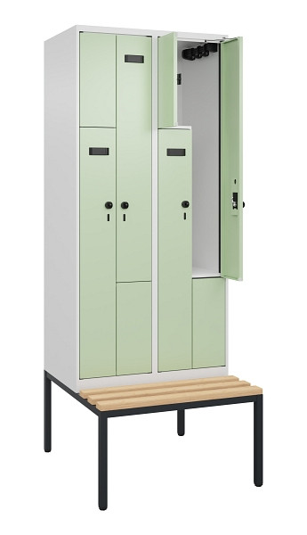 C+P Z-Spind Evolo PLUS, Bank, 4 Fächer, 2120x800x815mm, 9016/6019, Drehriegel, Sitzfläche Buche-Hartholz, Sitzbank, 0490537-224 S10018